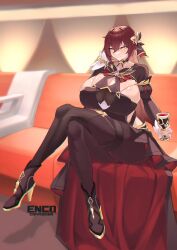 1girl alcohol alternate_breast_size boots breasts brown_dress brown_hair brown_pantyhose chalice cleavage cleavage_cutout closed_mouth clothing_cutout commentary commission couch crossed_legs cup dress eden_(honkai_impact) enc_ods english_commentary full_body hair_ornament high_heel_boots high_heels highres holding holding_cup honkai_(series) honkai_impact_3rd huge_breasts pantyhose sitting smile solo wine yellow_eyes
