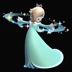 1girl 3d absurdres aqua_dress aqua_eyes blonde_hair crown dress earrings female_focus hair_over_one_eye highres jewelry mario_(series) nintendo official_art outstretched_arms pendant rosalina smile solo sparkle spread_arms super_mario_3d_world super_mario_galaxy