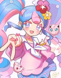 1girl :d blue_eyes blue_hair blue_skirt choker collared_shirt colored_eyelashes commentary_request creatures_(company) earrings eyelashes fairy_miku_(project_voltage) flower game_freak gen_1_pokemon gen_2_pokemon gyaru_v hair_flower hair_ornament hatsune_miku igglybuff jewelry jigglypuff long_hair nail_polish nintendo open_mouth orange_(orangelv20) pink_choker pink_hair pink_nails pink_sweater pokemon pokemon_(creature) project_voltage scrunchie shirt signature skirt smile sweater twintails v vocaloid white_background white_shirt wrist_scrunchie