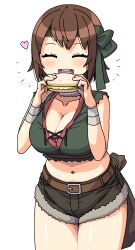 1girl blush breasts brown_hair cleavage closed_eyes collarbone crop_top eating food green_headband headband heart highres holding holding_food large_breasts maruput midriff navel open_mouth original sandwich short_hair short_shorts shorts solo thighs
