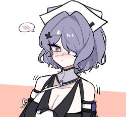 1girl arknights bare_shoulders blush breasts bright_pupils cleavage closed_mouth commentary eyepatch hair_ornament hat highres hmrsh large_breasts medical_eyepatch motion_lines one_eye_covered purple_eyes purple_hair short_hair solo spoken_blush upper_body whisperain_(arknights) white_background white_hat white_pupils x_hair_ornament