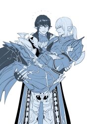 Rule 34 | 2boys, armor, armored boots, armored gloves, aymeric de borel, black hair, boots, carrying, closed eyes, cowboy shot, crossed arms, elezen, elf, estinien varlineau, final fantasy, final fantasy xiv, fingerless gloves, gloves, grey hair, hair between eyes, highres, light smile, long hair, male focus, monochrome, multiple boys, pointy ears, ponytail, princess carry, short hair, shoulder armor, white background, wnupani