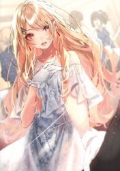 1girl bare_shoulders blonde_hair blurry blurry_background blush collarbone cynthia_violetta dress dutch_angle earrings frills gloves hair_ornament highres jewelry kuwashima_rein official_art open_mouth parted_bangs pov red_eyes short_sleeves taida_na_akujoku_kizoku_ni_tensei_shita_ore_scenario_wo_bukkowa_shitara_kikaku-gai_no_maryoku_de_saikyou_ni_natta