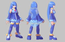 Rule 34 | 1girl, alternate costume, bare shoulders, blue dress, blue eyes, blue hair, blue thighhighs, breasts, commission, dress, fairy leviathan (mega man), grey background, highres, long hair, medium breasts, mega man (series), mega man zero (series), multiple views, reference sheet, simple background, thighhighs, ultimatemaverickx