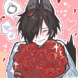 Rule 34 | 1boy, animal ears, bouquet, brown hair, chino (sky tanosi), closed eyes, commentary, dog boy, dog ears, dog tail, dotted line, falling petals, flower, flying sweatdrops, hair over one eye, heart, holding, holding bouquet, jewelry, male focus, original, petals, pink background, red flower, red petals, red rose, ring, rose, shirt, short hair, solo, spoken heart, symbol-only commentary, tail, upper body, white shirt