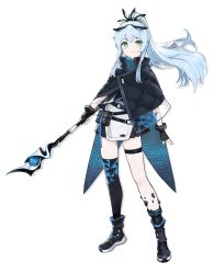 1girl a-pose absurdres ammunition_pouch ankle_socks apron armor asymmetrical_legwear belt belt_pouch black_belt black_boots black_cape black_capelet black_feathers black_gloves black_skirt black_socks black_thighhighs blue_belt blue_cape blue_capelet blue_hair blue_thighhighs boots bracelet buckle cape capelet character_request closed_mouth collared_cape collared_capelet commentary contrapposto dot_nose double-parted_bangs drop_shadow english_commentary eyebrows_hidden_by_hair feather_hair_ornament feathers fingerless_gloves floating_hair full_body gloves green_eyes hair_between_eyes hair_intakes hair_ornament high-waist_skirt high_ponytail highres holding holding_staff indie_virtual_youtuber invisible_floor jewelry legband legs_apart long_eyelashes long_hair long_sidelocks looking_at_viewer looking_to_the_side loose_belt mage_staff miniskirt open_hand pleated_skirt ponytail pouch quilted_cape quilted_capelet raised_eyebrows see-through_capelet see-through_clothes sidelocks simple_background single_thighhigh skindentation skirt smile snap-fit_buckle socks solo staff standing thick_eyelashes thigh_strap thighhighs thighs turtleneck two-sided_cape two-sided_capelet two-sided_fabric two-tone_capelet two-tone_thighhighs vertigris virtual_youtuber waist_apron white_apron white_background