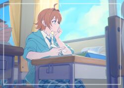Rule 34 | 1boy, 2others, absurdres, afterimage, against desk, ahoge, arm rest, artist request, blue eyes, blue hoodie, blue necktie, blue pants, blue sky, blurry, book, brown hair, chair, cheek rest, chromatic aberration, classroom, closed mouth, cloud, collared shirt, commission, curtains, day, depth of field, desk, elbow rest, fidgeting, flipped hair, hair intakes, hand on own cheek, hand on own face, hand up, highres, hood, hood down, hoodie, indoors, inset border, looking ahead, looking outside, motion lines, multiple others, necktie, on chair, original, pants, plaid clothes, plaid necktie, plaid pants, school uniform, second-party source, shirt, short hair, sitting, sky, solo focus, three-quarter sleeves, white shirt, window, wing collar