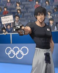 1girl 2024_summer_olympics 3boys abs absurdres black_eyes black_shirt blurry blurry_background brother_and_sister closed_mouth cup family father_and_daughter father_and_son formal_clothes fushiguro_megumi fushiguro_touji fushiguro_tsumiki grey_suit highres holding holding_cup holding_sign indoors japanese_flag jujutsu_kaisen light_smile meme multiple_boys muscular muscular_male necktie olympics pants pectorals people scar scar_on_face scar_on_mouth shirt shiu_kong short_sleeves siblings sign suit tododoodles white_pants yusuf_dikec_(meme)