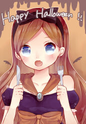 1girl aqua_gemstone black_bow black_dress black_hairband blue_eyes bow bow_hairband cape collarbone commentary_request dragon_quest dragon_quest_x dress earrings fang fork gem hairband happy_halloween highres holding holding_fork holding_knife jewelry knife long_hair looking_at_viewer off_shoulder open_mouth orange_bow orange_cape orange_hair parted_hair rukoria_(dq10) skin_fang stud_earrings upper_body waist_bow yupi_(yuyupiko01)