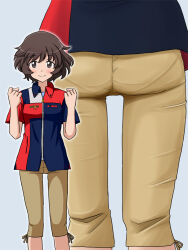 Rule 34 | 1girl, akiyama yukari, ass, blue shirt, brown eyes, brown hair, brown pants, capri pants, circle k sunkus, clenched hands, closed mouth, commentary request, commission, employee uniform, girls und panzer, grey background, lielos, looking at viewer, messy hair, multicolored shirt, multiple views, pants, pantylines, partial commentary, pixiv commission, red shirt, shirt, short hair, short sleeves, simple background, smile, standing, two-tone shirt