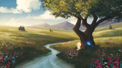 1other bird bug butterfly closed_eyes cloud commission flower grass highres hill insect landscape mountainous_horizon original painterly river scenery sitting sky spirit tree wopgnop yawning