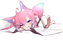 1girl ahoge animal_ear_fluff animal_ears ass black_thighhighs blush breasts crossed_arms detached_sleeves fox_ears fox_girl fox_tail gradient_hair hair_between_eyes half-closed_eyes hand_on_own_face highres indie_virtual_youtuber long_bangs looking_at_viewer lying multicolored_hair on_stomach one_eye_closed open_mouth pink_hair shippitsu sidelocks simple_background single_bare_leg solo stirrup_legwear tail teletha_(vtuber) thighhighs toeless_legwear white_background wide_sleeves