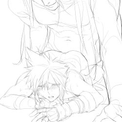 Rule 34 | 2boys, anal, arm armor, bent over, blush, chinese commentary, cloud strife, commentary, final fantasy, final fantasy vii, fui (fui29493452), gloves, half-closed eyes, heavy breathing, highres, long hair, male focus, male penetrated, monochrome, multiple boys, nude, open mouth, saliva, sephiroth, sex, sex from behind, short hair, sketch, spiked hair, sweat, table, yaoi