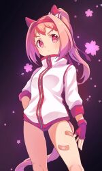 1girl animal_ears bandaid bandaid_on_leg blush closed_mouth commentary cowboy_shot ear_covers fingerless_gloves gloves hairband haru_urara_(umamusume) highres horse_ears horse_girl horse_tail jacket long_hair long_sleeves looking_at_viewer moko39_takasora pink_hair ponytail purple_background red_eyes red_gloves red_hairband solo symbol-only_commentary tail track_jacket umamusume white_jacket