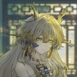 Rule 34 | 1girl, arknights, bare shoulders, blonde hair, blue hair, blurry, blurry background, brown pupils, chinese commentary, closed mouth, collarbone, commentary request, dragon girl, dragon horns, earrings, green eyes, hair between eyes, hair intakes, hegu zhangguan zhuan bi de shen, highres, horns, jewelry, light smile, long hair, looking at viewer, multicolored hair, necklace, portrait, shu (arknights), solo, white hair