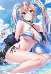 &gt;_&lt; 3girls :o bare_legs bare_shoulders bikini black_choker black_gloves black_jacket blonde_hair blue_eyes blue_hair blue_ribbon blue_sky blush bracelet breasts chiko-chan_(morros) choker cloud commentary criss-cross_halter crossed_bangs day english_commentary eyewear_on_head fingerless_gloves gloves green_hair grey_hair grin hair_between_eyes hair_ribbon halterneck highres holding holding_swimsuit holding_unworn_clothes jacket jewelry large_breasts layered_bikini long_hair looking_at_viewer medium_hair mismatched_bikini morros multicolored_hair multiple_girls navel ocean off_shoulder open_mouth original outstretched_arm parted_lips red_eyes red_ribbon ribbon round_eyewear running sharp_teeth side-tie_bikini_bottom sideboob sitting sky smile solo_focus streaked_hair striped_bikini striped_clothes sunglasses swimsuit teeth tekkou-chan_(morros) thighs twintails two-tone_hair underboob unworn_bikini_top unworn_swimsuit wet white_bikini