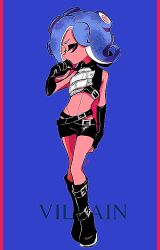 Rule 34 | 1girl, armor, bare shoulders, belt, belt buckle, black belt, black boots, black gloves, black shirt, black shorts, boots, breastplate, buckle, closed mouth, commentary request, crop top, elbow gloves, flipped hair, full body, gloves, hand to own mouth, hand up, imaikuy0, looking at viewer, medium hair, midriff, nintendo, pillarboxed, pink eyes, purple background, purple hair, shirt, shorts, solo, splatoon (series), standing, takozonesu, tentacle hair, turtleneck, turtleneck shirt, v-shaped eyebrows