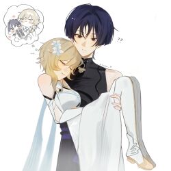 1boy 1girl ? ?? arm_cutout belt black_belt black_bodysuit black_eyes black_hair black_shorts blonde_hair blue_flower blue_scarf blue_trim blunt_ends blush bodysuit boots breasts carrying cheek_press closed_eyes covered_collarbone detached_sleeves dress eyelashes facing_to_the_side flower genshin_impact hair_flower hair_intakes hair_ornament halterneck head_on_another&#039;s_chest hetero highres koyaaya large_breasts light_blush looking_at_another looking_down lumine_(genshin_impact) multicolored_flower parted_lips princess_carry role_reversal scaramouche_(genshin_impact) scarf short_hair short_hair_with_long_locks shorts sidelocks sleeping sound_effects spoken_character thigh_boots tsurime twitter_username unconscious wanderer_(genshin_impact) white_background white_boots white_dress white_flower white_mouth white_scarf wispy_bangs