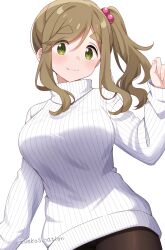 1girl artist_name black_pantyhose blush breasts closed_mouth fang green_eyes green_hair hair_bobbles hair_ornament highres inuyama_aoi large_breasts long_sleeves looking_at_viewer medium_hair nekosination pantyhose ponytail ribbed_sweater short_ponytail side_ponytail simple_background skin_fang smile solo sweater thick_eyebrows turtleneck turtleneck_sweater twitter_username white_background white_sweater yurucamp