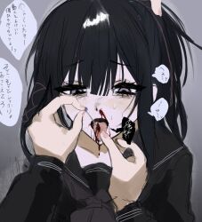 Rule 34 | 1girl, akai ringo (eveyuno), black hair, blood, blood on face, grey background, high ponytail, highres, looking down, needle, nosebleed, original, ponytail, school uniform, tongue, tongue out
