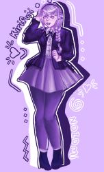 1girl ankle_boots arm_up black_headband black_lips boots braid braided_ponytail character_name female_focus full_body glasses hand_up headband highres kirifuji_nozomi long_hair long_sleeves pink_background simple_background solo standing the_hundred_line_-last_defense_academy- white_hair