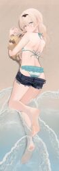 1girl absurdres animal ass barefoot bikini black_hairband blonde_hair blue_bikini blue_eyes blue_shorts blush clothes_pull denim denim_shorts feet frilled_bikini frills full_body hairband halterneck highres holding holding_animal hololive kazama_iroha lying nekoi_(nekoi_0116) pokobee sand short_shorts shorts shorts_pull soles solo string_bikini striped_bikini striped_clothes sweatdrop swimsuit tanuki virtual_youtuber water white_bikini
