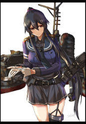 Rule 34 | 1girl, asymmetrical legwear, black hair, black neckwear, black sailor collar, black shirt, black skirt, cowboy shot, epaulettes, garter straps, gloves, half gloves, highres, kantai collection, long hair, machinery, original remodel (kantai collection), pleated skirt, ponytail, red eyes, sailor collar, school uniform, scrunchie, seitei (04seitei), serafuku, shirt, sidelocks, simple background, single thighhigh, skirt, solo, standing, thighhighs, uneven legwear, white background, white gloves, yahagi (kancolle)