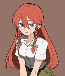 1girl alternate_costume belt blue_eyes blush bow braid breasts brown_belt collarbone double-parted_bangs eyelashes green_pants grey_bow hair_between_eyes hair_bow highres hong_meiling long_hair looking_at_viewer medium_breasts multiple_hair_bows pants red_background red_hair redguard shirt short_sleeves simple_background smile solo touhou twin_braids white_shirt