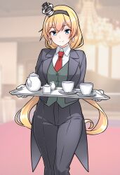 1girl absurdres black_hairband black_jacket black_pants black_suit blonde_hair blue_eyes butler collared_shirt commentary_request crown cup earrings female_butler formal_clothes furaggu_(frag_0416) gloves green_vest hairband highres holding holding_tray jacket jewelry kantai_collection long_hair long_sleeves looking_at_viewer mini_crown necktie pants red_necktie shirt solo standing suit teacup teapot tray valiant_(kancolle) variant_set very_long_hair vest white_gloves white_shirt