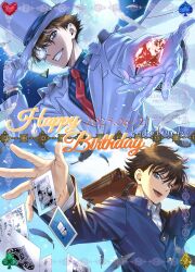 1boy 2025 absurdres ace_(playing_card) ace_of_spades aogiyuki bag blue_eyes blue_gakuran blue_gemstone blue_jacket blue_shirt blue_sky brown_bag brown_hair cape card character_name cloud clover club_(shape) commentary_request dated day diamond_(shape) dual_persona falling_feathers feathers floating_cape floating_clothes formal_clothes four-leaf_clover full_moon gakuran gem gloves green_gemstone grin happy_birthday hat hat_tip heart highres holding holding_bag holding_gem jacket kaitou_kid king_(playing_card) kuroba_kaito light_particles looking_at_viewer looking_down looking_to_the_side magic_kaito male_focus meitantei_conan monocle monocle_chain moon necktie night opaque_monocle open_mouth playing_card queen_(playing_card) red_gemstone red_necktie school_uniform shirt short_hair sky smile solo spade_(shape) suit top_hat twitter_username upper_body white_cape white_feathers white_gloves white_hat white_shirt white_suit yellow_gemstone