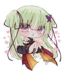 Rule 34 | 1girl, bare shoulders, black kimono, black skirt, blunt bangs, blunt ends, blush, brown sandals, butterfly hair ornament, chibi, chibi only, commentary request, criss-cross halter, eyes visible through hair, full body, hair ornament, hair ribbon, halterneck, heart, heart in eye, highres, hime cut, japanese clothes, judas gundam, kimono, knees together feet apart, long hair, long ribbon, long sleeves, looking at viewer, miniskirt, murasame (senren), open mouth, panties, pink eyes, pleated skirt, pom pom (clothes), red ribbon, red sash, ribbon, sandals, sash, senren banka, sidelocks, signature, simple background, sitting, skirt, solo, straight hair, symbol in eye, two side up, underwear, v-shaped eyebrows, very long hair, white background, white panties, wide sleeves