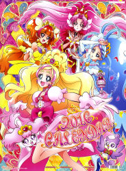 2016 4girls :d absurdres akagi_towa amanogawa_kirara argyle_background argyle_clothes arm_warmers aroma_(go!_princess_precure) artist_request bird blonde_hair blue_eyes blue_hair bow bracelet brown_hair cure_flora cure_mermaid cure_scarlet cure_twinkle dog dress-up_key earrings go!_princess_precure happy haruno_haruka highres jewelry kaidou_minami long_hair looking_at_viewer low-tied_long_hair magical_girl multicolored_background multicolored_hair multiple_girls official_art open_mouth outstretched_hand parted_bangs pink_bow pink_hair pointy_ears precure puff_(go!_princess_precure) puffy_sleeves purple_eyes purple_hair quad_tails red_eyes red_hair shoes smile star_(symbol) star_earrings streaked_hair thick_eyebrows twintails two-tone_hair waist_bow