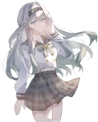 1girl belly black_hairband black_sailor_collar bow bowtie buttons collared_shirt double-breasted firefly_(honkai:_star_rail) firefly_(spring_missive)_(honkai:_star_rail) gradient_hair green_bow green_bowtie grey_hair grey_skirt hair_between_eyes hair_intakes hair_tie hairband highres honkai:_star_rail honkai_(series) long_hair long_sleeves minutes_(minutes_draw) multicolored_hair plaid_bow plaid_bowtie plaid_clothes pleated_skirt sailor_collar shirt simple_background skirt solo thighhighs white_background white_shirt white_sleeves white_thighhighs