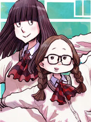 Rule 34 | 2girls, absurdres, asano inio, black hair, blunt bangs, braid, commentary, dead dead demons de dedede destruction, demoto ai, forehead, glasses, highres, hirama rin, long hair, multiple girls, school uniform, simple background, smile, sweater, text background, twin braids