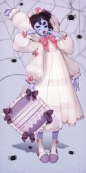 1girl arthropod_girl black_hair bow bug colored_skin commentary extra_arms extra_eyes fangs frilled_pillow frills half-closed_eyes highres insect_girl korean_commentary monster_girl muffet nightgown open_mouth pillow pink_bow purple_bow purple_skin short_hair silk sleepwear sogomha solo spider spider_girl spider_web stretching translation_request two_side_up undertale white_nightgown yawning