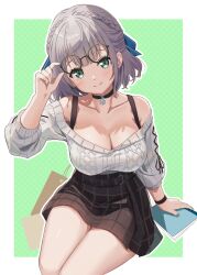 1girl adjusting_eyewear bare_shoulders black_choker braid breasts brown_skirt choker cleavage closed_mouth commentary_request cross-laced_clothes cross-laced_sleeves crown_braid glasses green_eyes green_nails grey_hair hair_between_eyes half_updo hand_up high-waist_skirt highres holding holding_notebook hololive large_breasts long_sleeves looking_at_viewer miniskirt mole mole_on_breast nail_polish notebook off-shoulder_sweater off_shoulder official_alternate_costume official_alternate_hairstyle pendant_choker plaid_clothes plaid_skirt ribbed_sweater seiza shirogane_noel shirogane_noel_(casual) short_hair simple_background sitting skirt smile snowflake_pendant solo sweater sweater_tucked_in three-quarter_sleeves tooo88 virtual_youtuber white_sweater