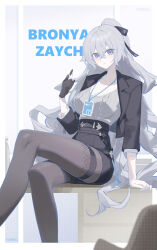 1girl absurdres black_gloves black_jacket black_pantyhose black_skirt bronya_zaychik bronya_zaychik_(outstanding_attitude) bronya_zaychik_(silverwing:_n-ex) character_name commentary_request crossed_bangs crossed_legs desk gloves grey_background grey_eyes grey_hair grey_sweater hand_up highres honkai_(series) honkai_impact_3rd id_card jacket long_hair long_sleeves looking_at_viewer office_lady official_alternate_costume on_desk open_clothes open_jacket pantyhose parted_lips pmg revision simple_background single_glove sitting skirt solo sweater very_long_hair