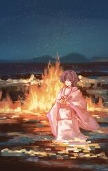 Rule 34 | 1boy, artist name, black hair, blunt ends, closed mouth, clothing cutout, eyeliner, eyeshadow, feathers, fire, genshin impact, highres, japanese clothes, kariginu, kimono, layered sleeves, long sleeves, makeup, male focus, mandarin collar, mountainous horizon, night, night sky, pants, pelvic curtain, pom pom (clothes), purple eyes, purple kimono, purple sleeves, rainbowsugarflower, red eyeliner, red eyeshadow, scaramouche (genshin impact), scaramouche (kabukimono) (genshin impact), shoulder cutout, sky, solo, standing, star (sky), string, wading, white pants, white sleeves, wide sleeves, yellow feathers