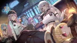 6+girls azur_lane bandaged_arm bandages bare_shoulders black_bra black_gloves black_hair black_pants blonde_hair blouse blue_eyes blue_hair blush bra breasts chain chapayev_(azur_lane) chapayev_(the_captive_cavalier)_(azur_lane) choker cleavage collar crop_top cuffs gangut_(azur_lane) gangut_(imposing_warden)_(azur_lane) gloves grozny_(azur_lane) grozny_(bad_bunny_behind_bars)_(azur_lane) hair_between_eyes hair_ribbon hat highres lack large_breasts long_hair long_sleeves looking_at_viewer lying minsk_(azur_lane) minsk_(thunderous_jailor)_(azur_lane) mole mole_on_breast mole_under_eye multiple_girls navel open_mouth pamiat_merkuria_(azur_lane) pamiat_merkuria_(caged_minx)_(azur_lane) pants pantyhose ponytail prison prison_clothes purple_eyes purple_hair red_eyes ribbon shackles shirt short_hair short_sleeves silver_hair sitting sleeveless sleeveless_shirt smile sovetskaya_rossiya_(azur_lane) sovetskaya_rossiya_(the_lackadaisical_lookout)_(azur_lane) striped_clothes striped_headwear striped_shirt suspenders tashkent_(azur_lane) tashkent_(the_bound_cruiser)_(azur_lane) torn_clothes torn_legwear torn_shirt underwear very_long_hair white_headwear white_shirt