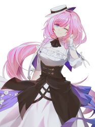 Rule 34 | 1girl, ;), absurdres, blue eyes, breasts, chinese commentary, commentary request, dress, elysia (honkai impact), elysia (sweet memories) (honkai impact), hat, highres, honkai (series), honkai impact 3rd, long hair, looking at viewer, medium breasts, official alternate costume, one eye closed, pink hair, simple background, smile, solo, tilted headwear, very long hair, white background, white dress, white hat, yilin550