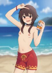 1girl :d absurdres adapted_costume arm_over_head arm_up armpits artist_name bad_tag beach belt_collar black_choker blue_sky blurry blurry_background blush bracelet breasts bright_pupils brown_hair can choker cloud collar collarbone commentary commission cowboy_shot depth_of_field drawstring drink drink_can dripping embarrassed english_commentary exhibitionism fanta hair_over_shoulder highres holding holding_can holding_drink jewelry kagironsfw kono_subarashii_sekai_ni_shukufuku_wo! male_swimwear male_swimwear_challenge megumin mountainous_horizon navel nipples nose_blush ocean open_mouth public_indecency red_eyes red_male_swimwear red_swim_trunks sand short_hair short_hair_with_long_locks sidelocks sky small_breasts smile soda soda_can solo standing swim_trunks topless_female twitter_username v v_over_head water wet wet_hair