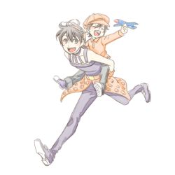 2boys aged_down black_hair blue_eyes carrying child closed_eyes dual_persona fukai_(yas_lions) full_body hairband hat jojo_no_kimyou_na_bouken male_focus multiple_boys narancia_ghirga open_mouth piggyback polo_shirt running shoes smile sneakers toy_airplane