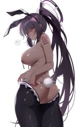 1girl ? absurdres animal_ear_hairband animal_ears ass bare_shoulders black_hair black_pants black_pasties blue_archive blush breasts butt_crack commentary_request dark-skinned_female dark_skin fake_animal_ears from_behind gimdeogjun gradient_hair hair_between_eyes hairband halo highres karin_(blue_archive) large_breasts leotard long_hair looking_at_viewer meme_attire multicolored_hair nipple_tassels number_tattoo pants playboy_bunny purple_hair purple_halo rabbit_ear_hairband rabbit_ears rabbit_tail reverse_bunnysuit reverse_outfit shoulder_tattoo simple_background solo spoken_question_mark sweatdrop tail tattoo thighs very_long_hair white_background yellow_eyes