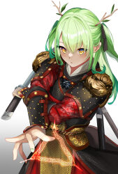 1girl antlers armor black_ribbon bracer ceres_fauna chainmail commentary_request gradient_background green_hair hair_ribbon holding holding_sword holding_weapon hololive horns magic mole mole_under_eye multiple_swords ribbon sheath sheathed shoulder_armor solo sora_no_tori sword two_side_up virtual_youtuber weapon weapon_on_back white_background witcher_medallion yellow_eyes