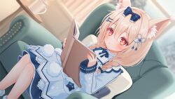 1girl animal_ear_fluff animal_ears blonde_hair blue_bow blue_bowtie blue_dress blurry blurry_background book bow bowtie braid commentary_request commission couch dress grey_ribbon hair_between_eyes hair_bow hair_ornament hair_ribbon hanamaru_lily holding holding_book long_hair long_sleeves mismatched_pupils nufucha on_couch open_book original parted_lips pom_pom_(clothes) reading red_eyes ribbon sitting skeb_commission solo star-shaped_pupils star_(symbol) star_hair_ornament symbol-shaped_pupils twin_braids