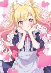 1girl ahoge alternate_costume animal_ear_fluff animal_ears apron back_bow blonde_hair bow bowtie breasts cat_ears cat_girl cat_tail center_frills closed_mouth collared_dress commentary cowboy_shot dress enmaided frilled_apron frilled_dress frills gradient_hair gradient_tail grid_background hands_on_own_cheeks hands_on_own_face hands_up heart heart_in_eye highres kakari_(user_gtds4527) long_hair looking_at_viewer maid maid_apron multicolored_hair outline parted_bangs pink_bow pink_bowtie pink_eyes pink_hair pink_tail project_sekai purple_dress short_sleeves sidelocks smile solo split_mouth straight-on symbol_in_eye tail tail_bow tail_ornament tenma_saki twintails white_apron white_outline yellow_tail