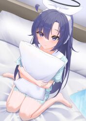 Rule 34 | 1girl, absurdres, barefoot, blue archive, blue eyes, blue hair, blush, closed mouth, commentary, edgar00, halo, highres, hugging object, indoors, long hair, mechanical halo, official alternate costume, on bed, pajamas, pillow, pillow hug, short sleeves, sitting, solo, wariza, yuuka (blue archive), yuuka (pajamas) (blue archive)