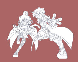 1boy 1girl :d arch_bishop_(ragnarok_online) armored_boots boots breasts bun_cover cape cleavage_cutout clothing_cutout commentary_request cross double_bun fishnet_thighhighs fishnets frilled_thighhighs frills full_body gauntlets greyscale_with_colored_background hair_bun hasenyo headphones leaning_forward looking_at_viewer medium_breasts open_mouth pants poring prototype_design ragnarok_online reaching reaching_towards_viewer red_background rune_knight_(ragnarok_online) shirt short_hair simple_background smile spiked_pauldrons stuffed_animal stuffed_toy teddy_bear teddy_bear_(ragnarok_online) thighhighs