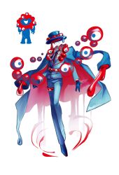 1other absurdres black_gloves blue_coat blue_hat blue_pants blue_suit coat expo2025 formal_clothes full_body gloves hat highres hoshi_mori myaku-myaku necktie open_mouth pants personification reference_inset shoes solo suit too_many_eyes white_background