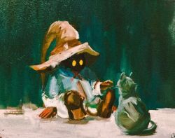 Rule 34 | 1boy, black cat, black mage (final fantasy), blue coat, brown gloves, brown shoes, cat, claiire, coat, commentary, english commentary, final fantasy, final fantasy ix, gloves, hat, male focus, oil painting (medium), outstretched arm, painting (medium), pants, reaching, shoes, sitting, solo, traditional media, vivi ornitier, white pants, witch hat, yellow eyes, yellow hat